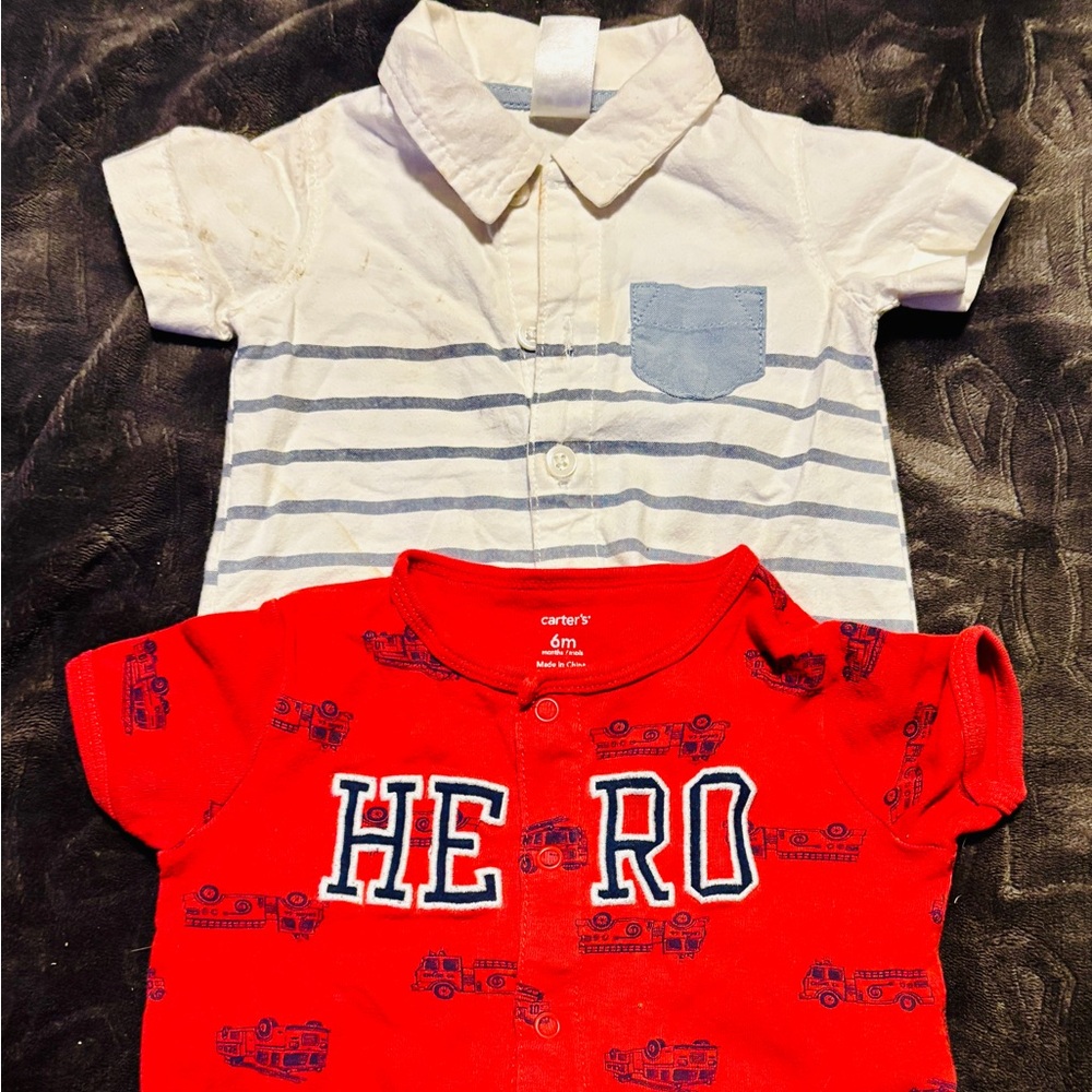 Carter's Red Hero Button Down Shirt and white romper bundle 20$